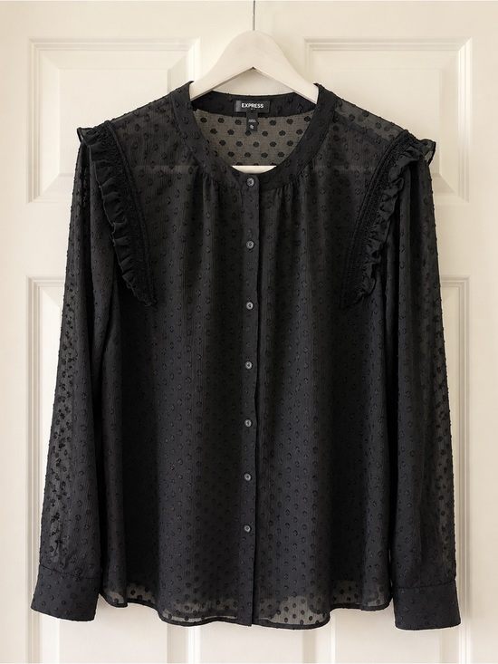 Express Tops - Express Black Sheer Clip Dot Ruffle Trim Button Front Blouse Size XL Boho
